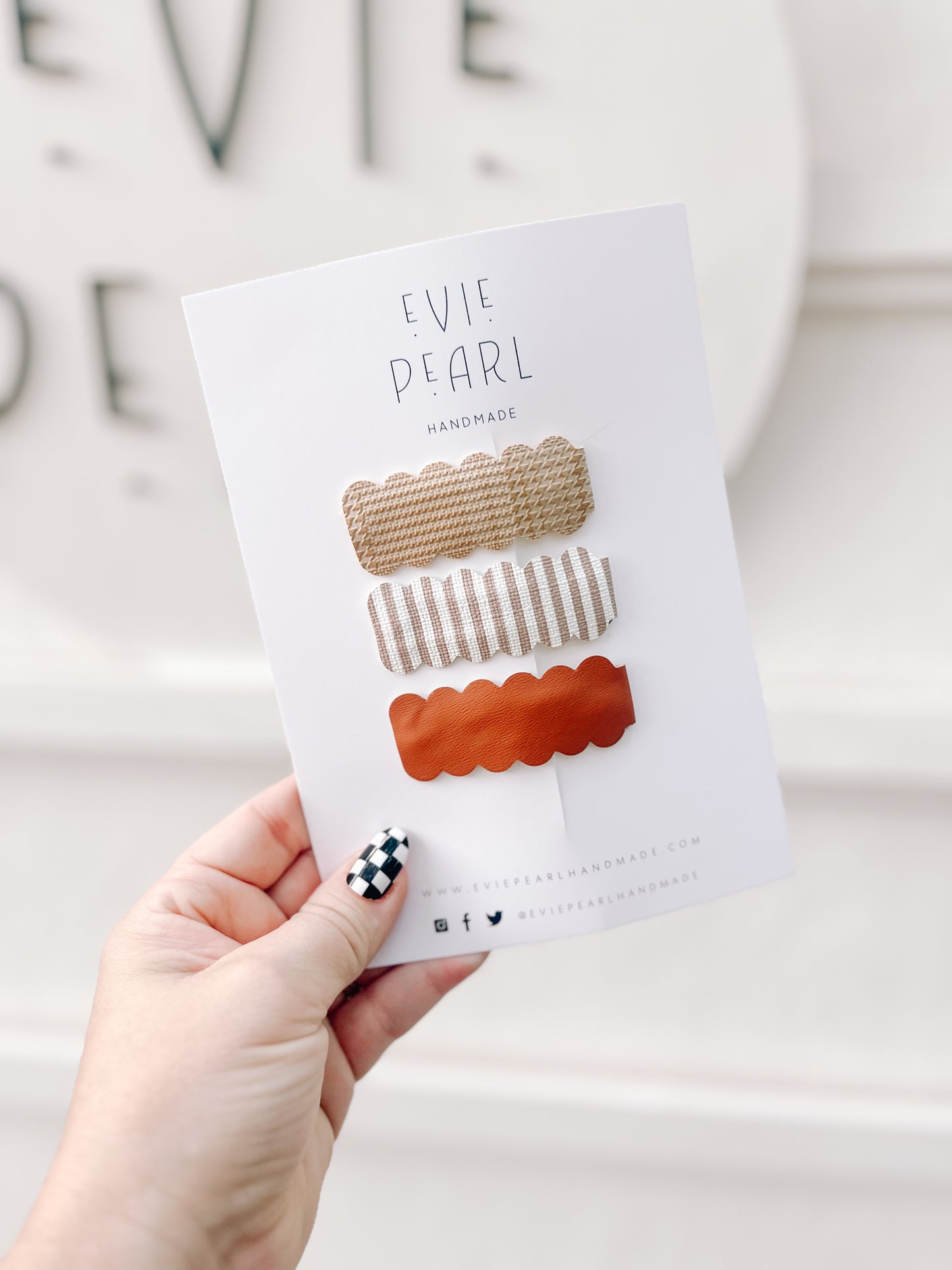 Close-up of handmade fall neutral stripe scalloped snap clips – 1.25 x 2.25 inches