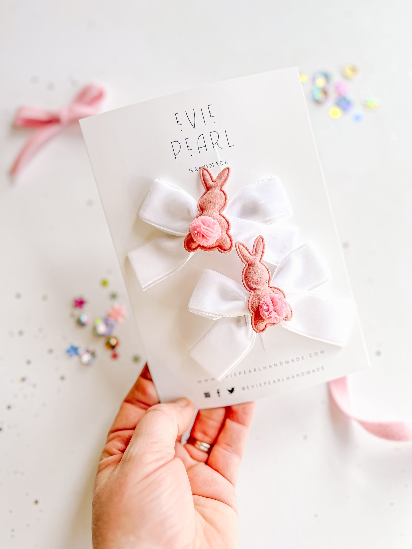 Rose Pink Bunny White Velvet Pigtail Bows
