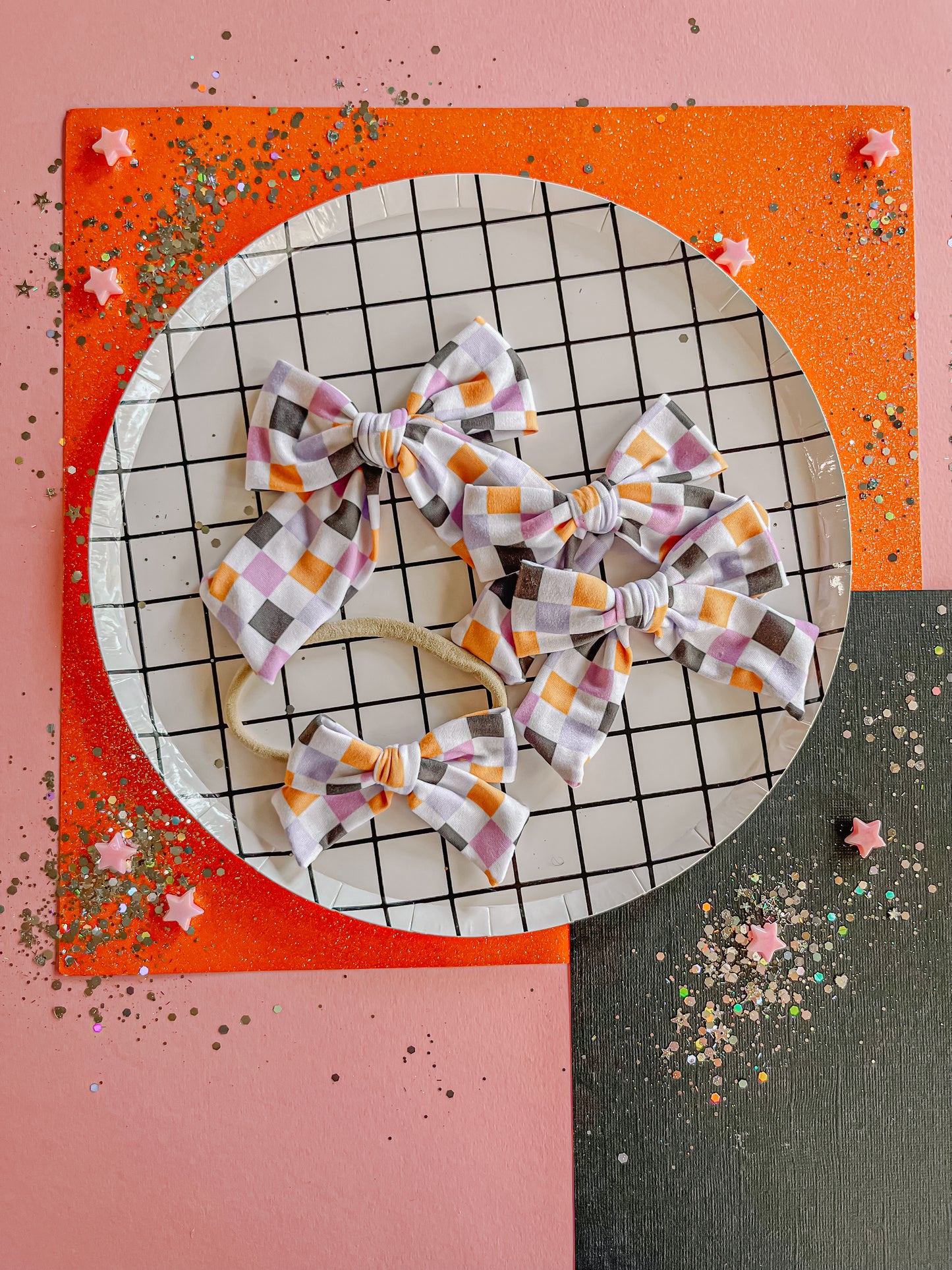 Black|Orange|Purple|Lilac Checkered Pinwheel Bow