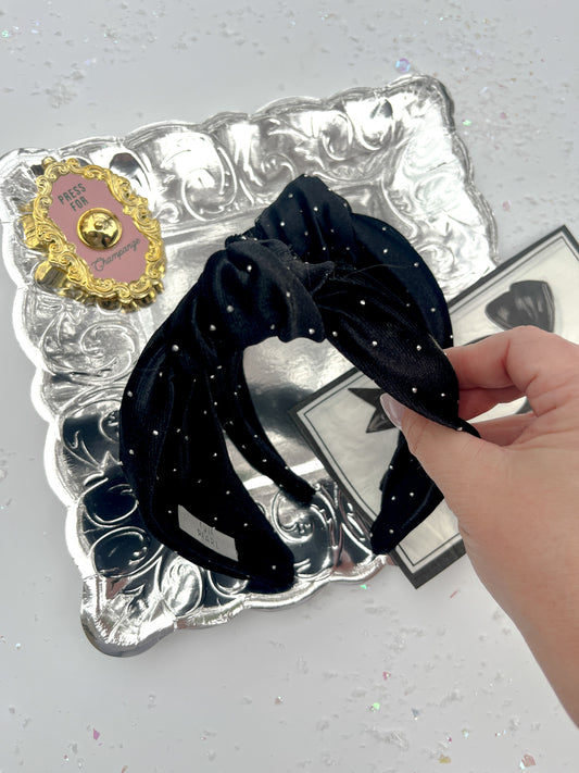 Black Rhinestone Velvet Knotted Headband for Girls & Women