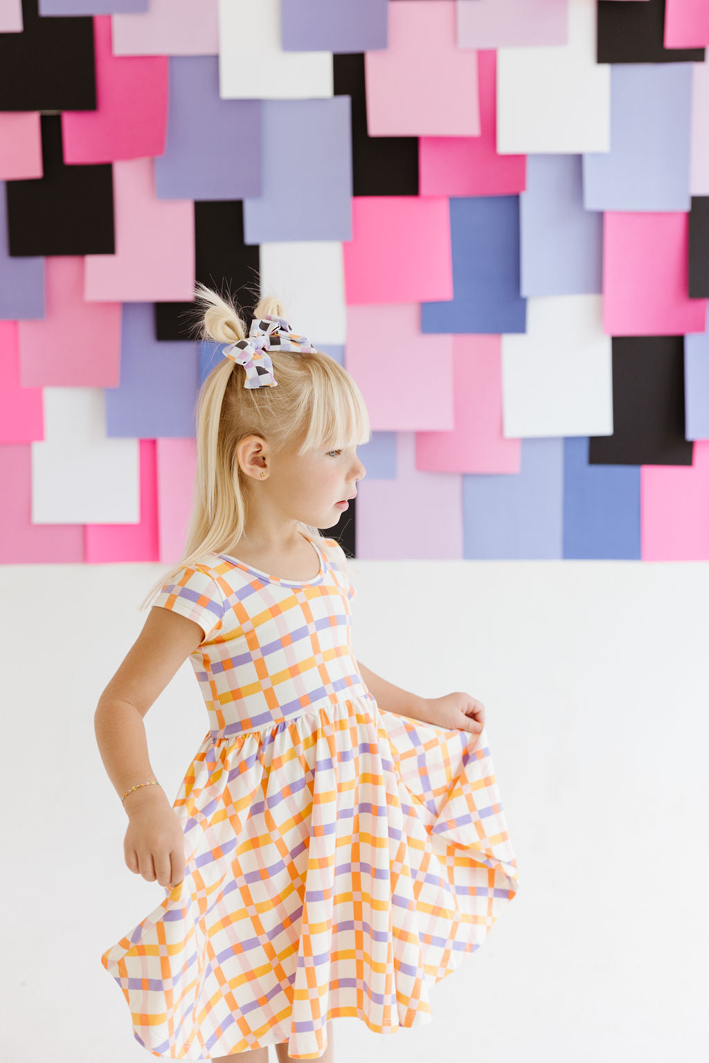 Black|Orange|Purple|Lilac Checkered Pinwheel Bow