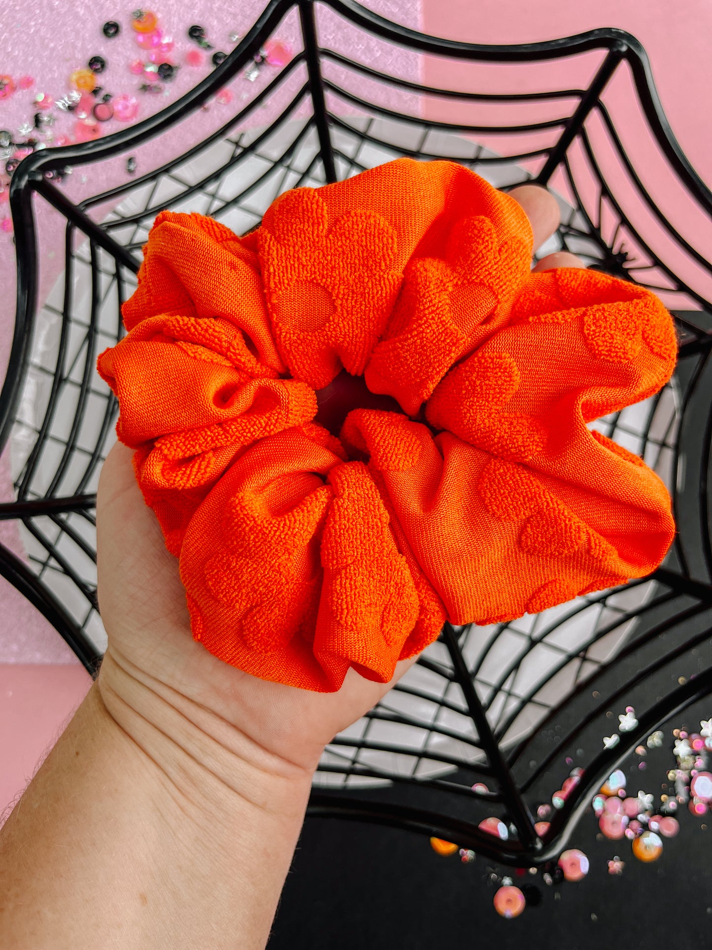 Orange Daisy Flocked Scrunchy