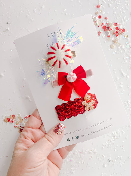 Red Peppermint, Red Bow, Red Glitter Gingerbread Man Hair Clip Set