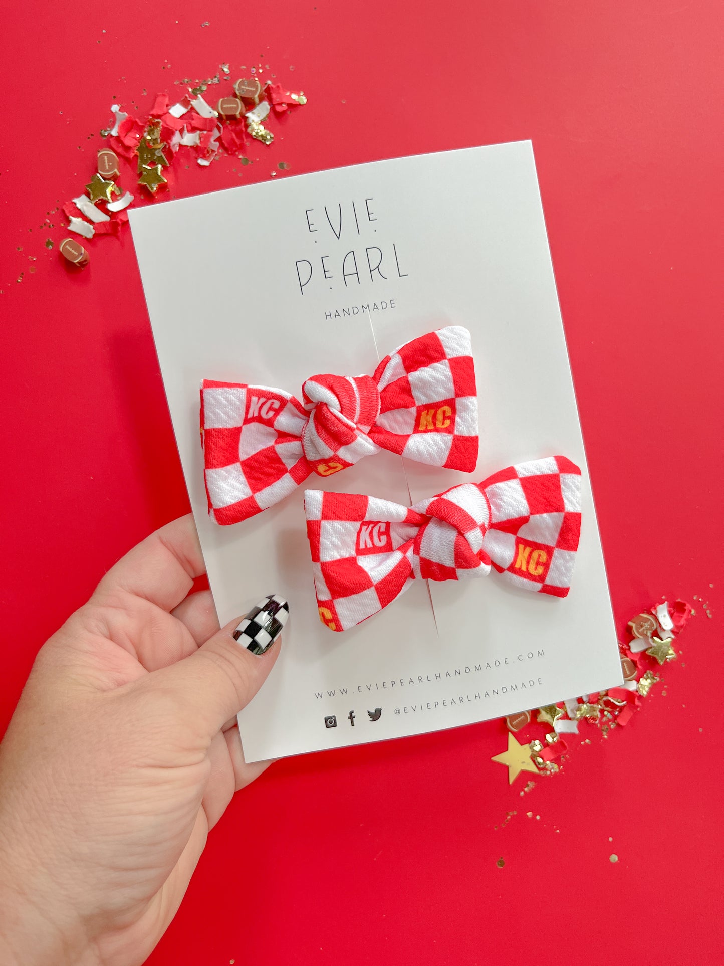 Kansas City Red Checkered Knot Bow Pigtail Set