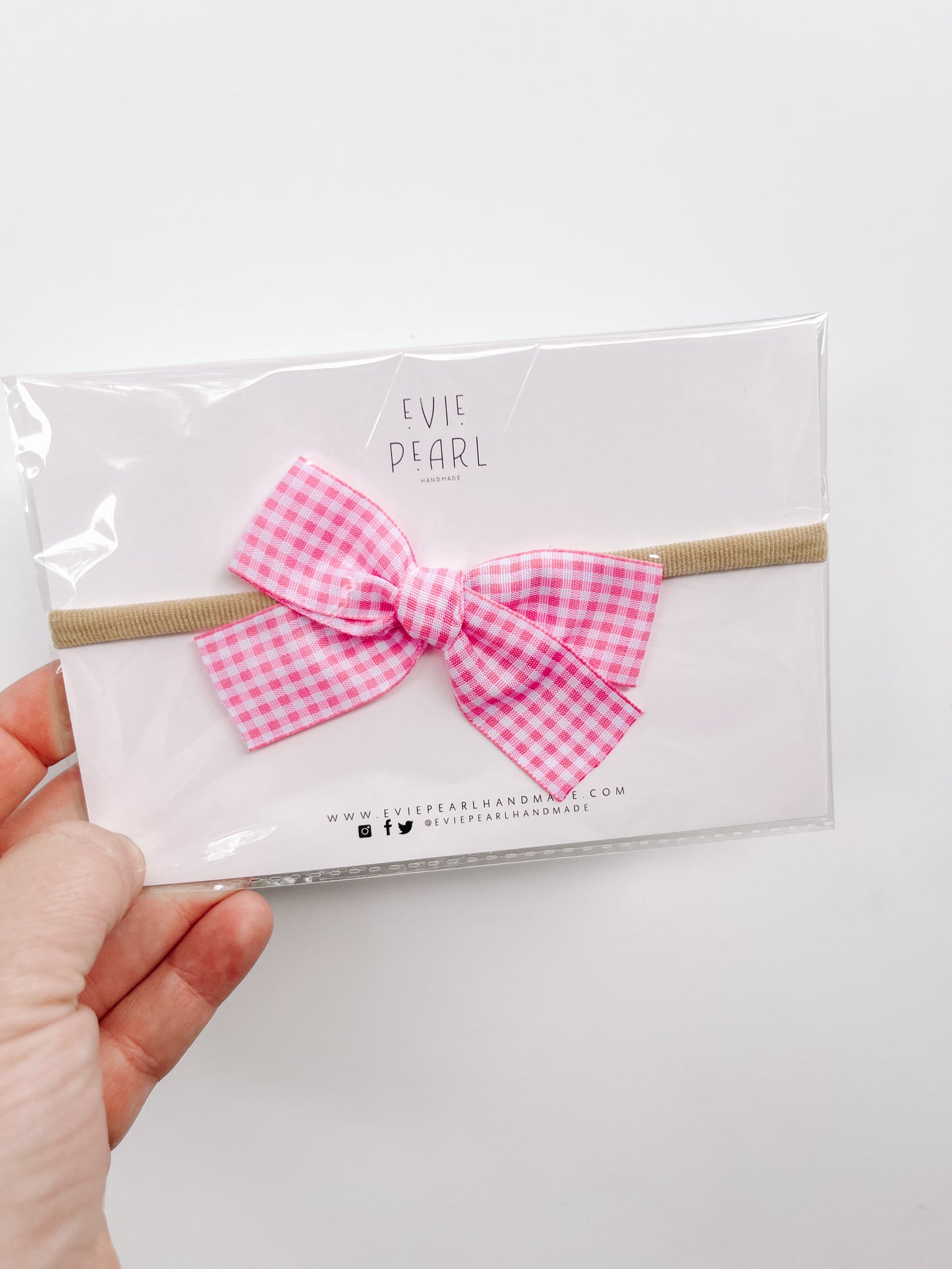 Pink Gingham Bow on nylon headband