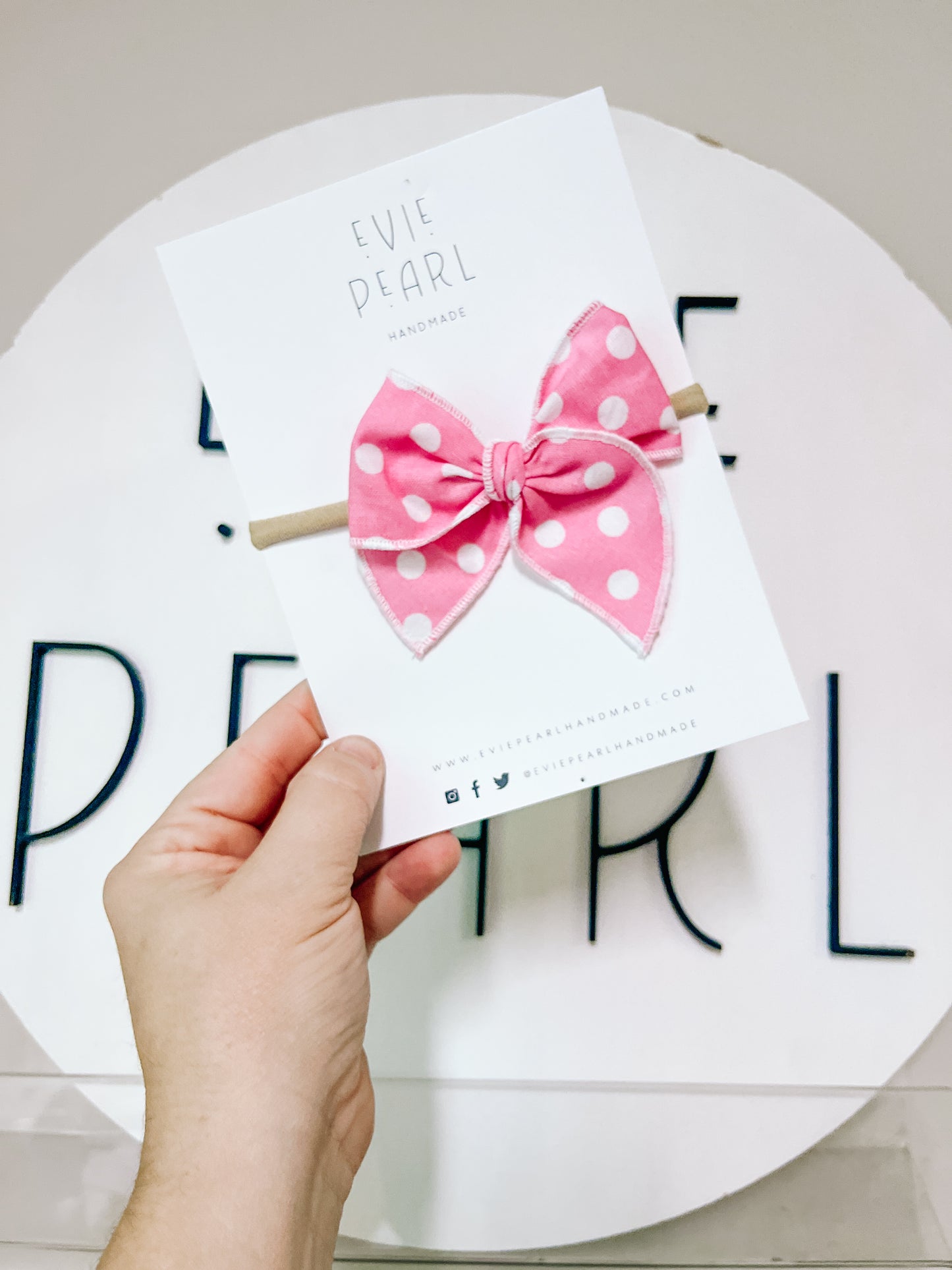 Pink polka dot small bow on nylon headband