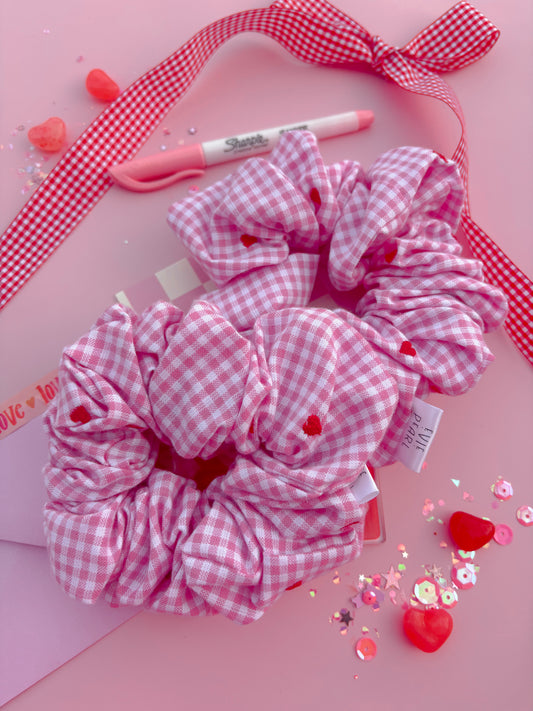 Pink Gingham Red Heart Oversized Scrunchy