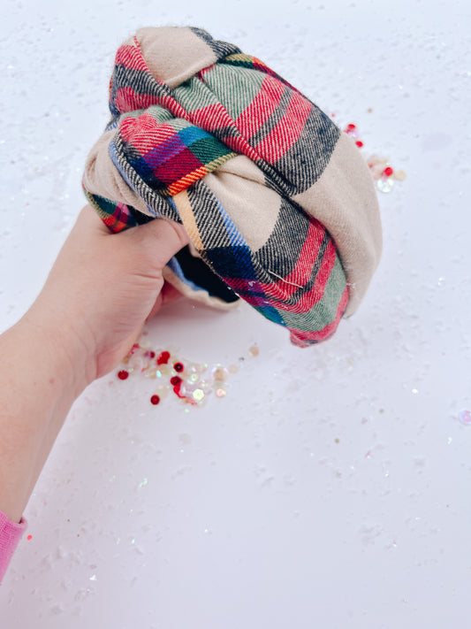 Tan Red Plaid Knotted Headband for Girls & Women