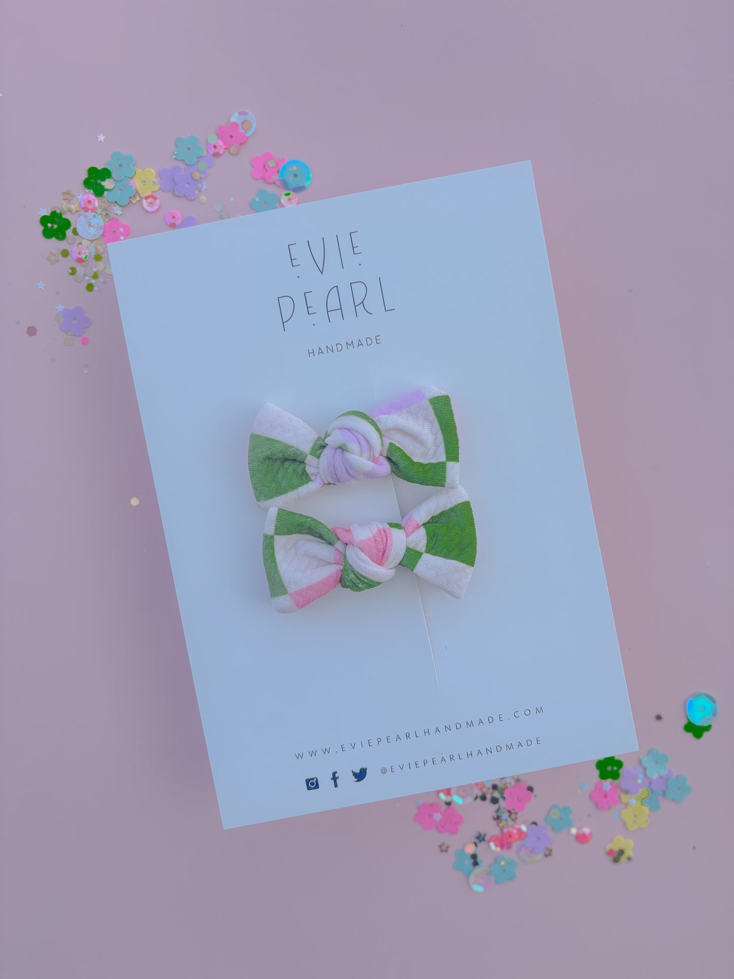 Mini Green, Pink & Lilac Checkered Knot Bow Pigtail Set