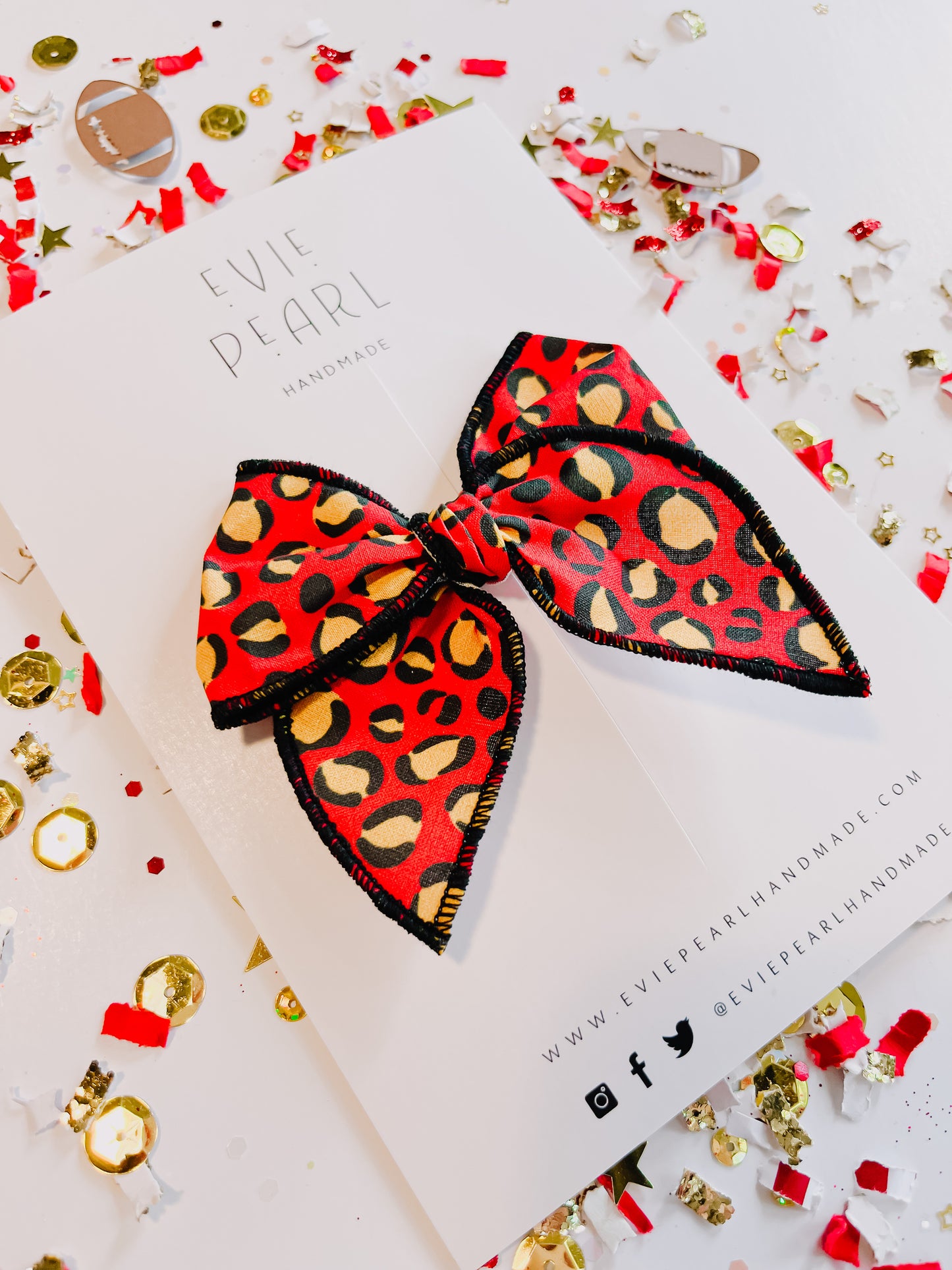 Red Leopard Black Stitching Bow