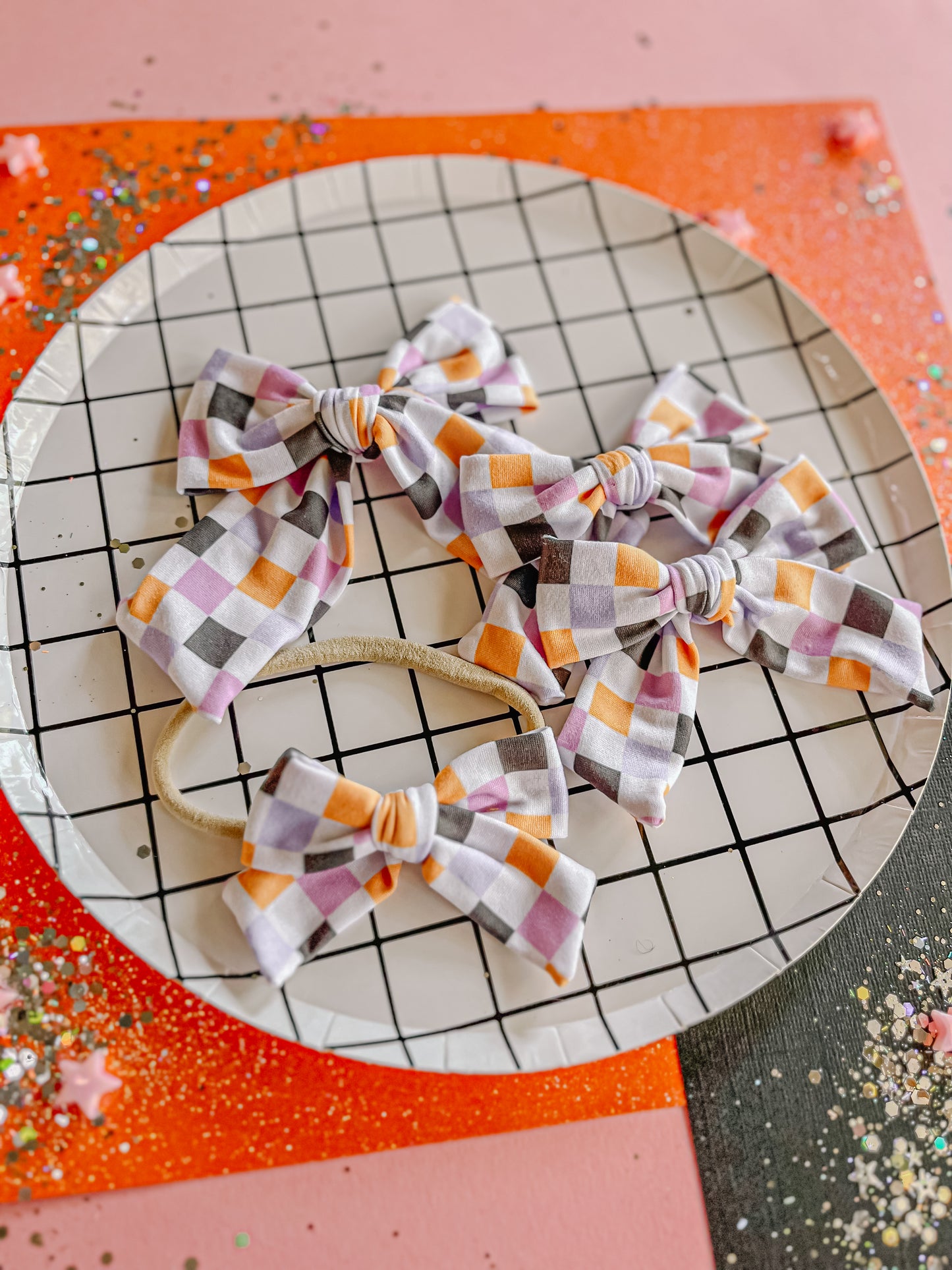 Black|Orange|Purple|Lilac Checkered Pinwheel Bow