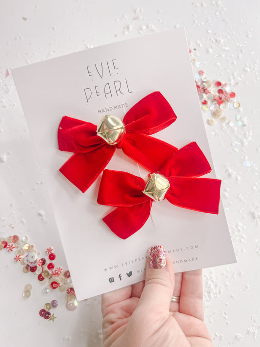 Red Velvet Jingle Bell Small Bow Pigtail Set
