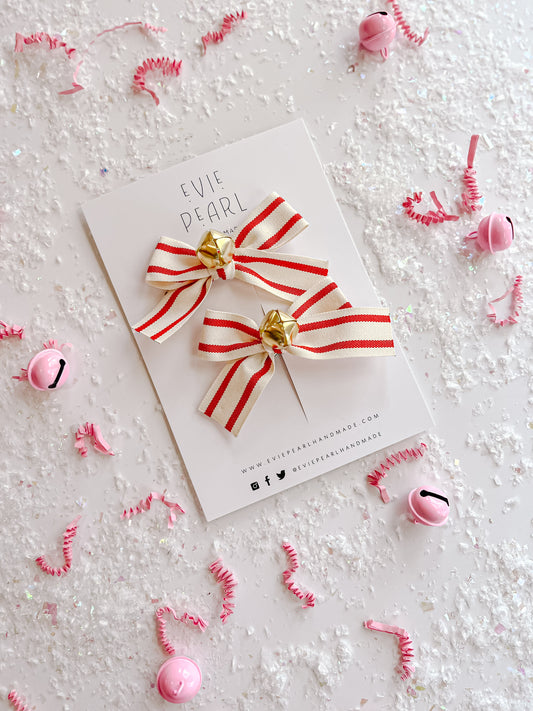 Jingle Bell Red Stripe Small Bow Pigtail Set