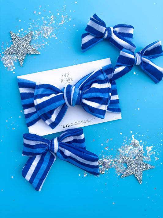 Blue White Stripe Small Pigtail Bow Set Kansas City Inspired