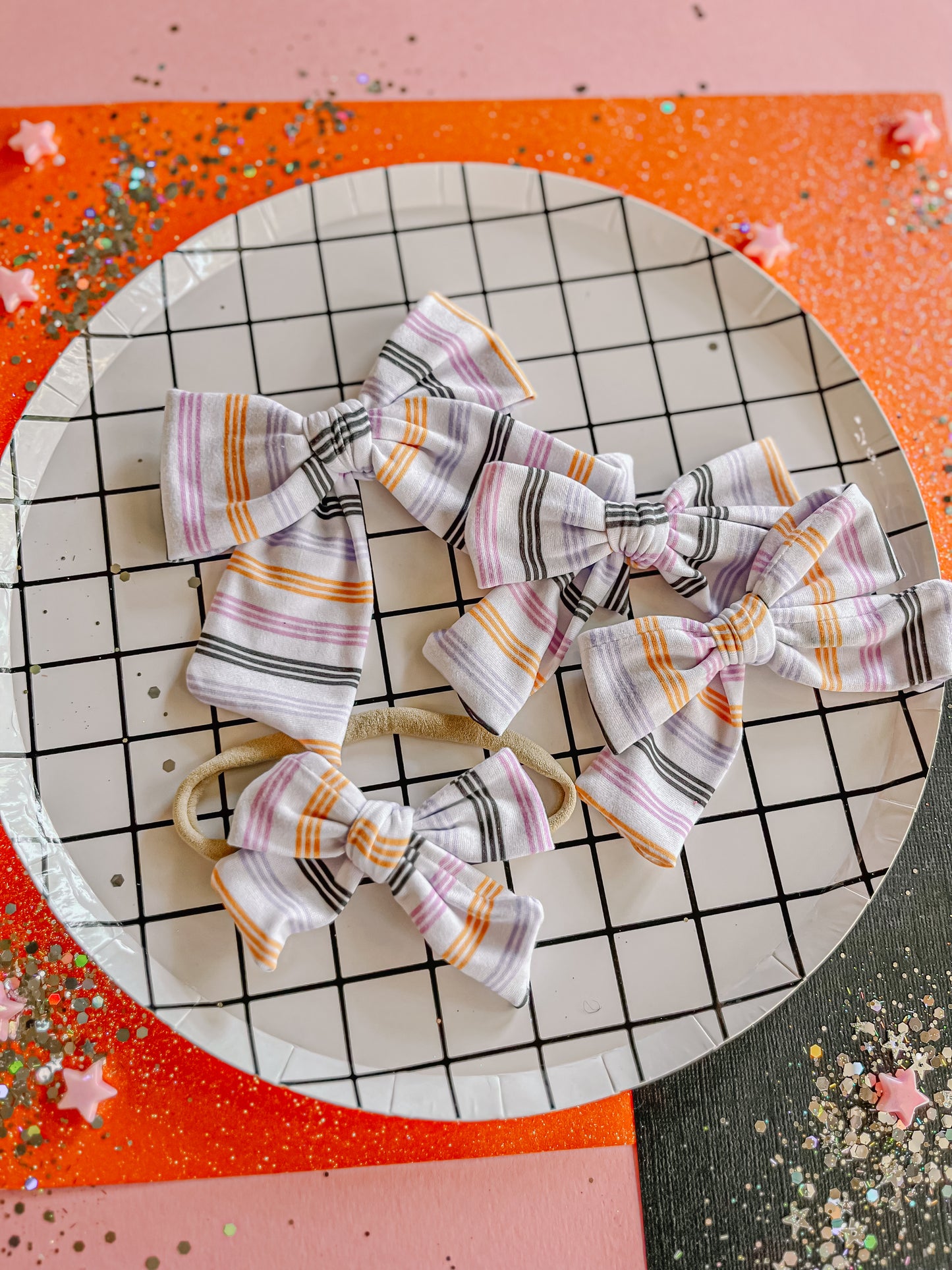 Black|Orange|Purple|Lilac Stripes Pinwheel Bow