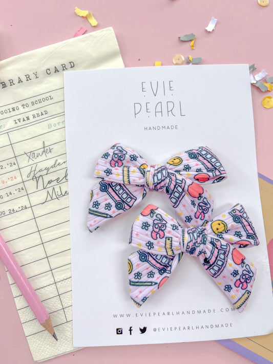 Pink School Bus Small Pinwheel Pigtail Bows