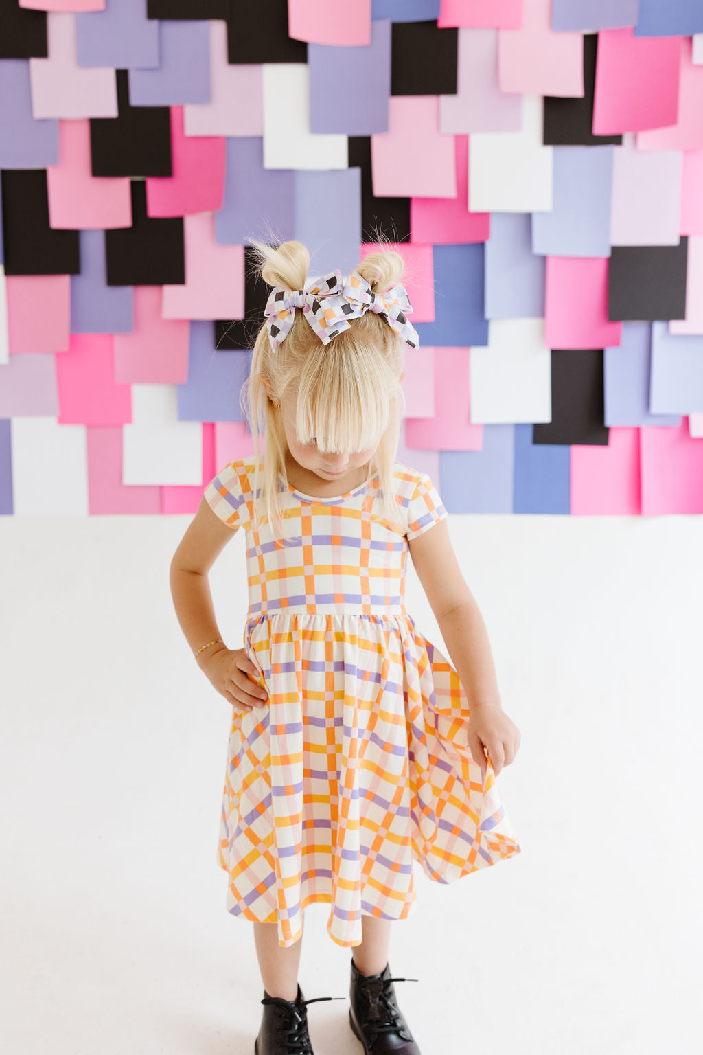 Black|Orange|Purple|Lilac Checkered Pinwheel Bow