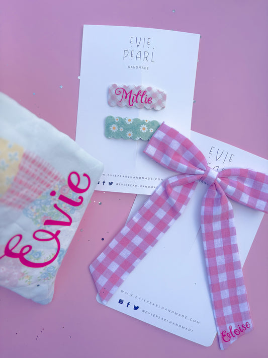 Personalized Pink Gingham Long Tailed Bow