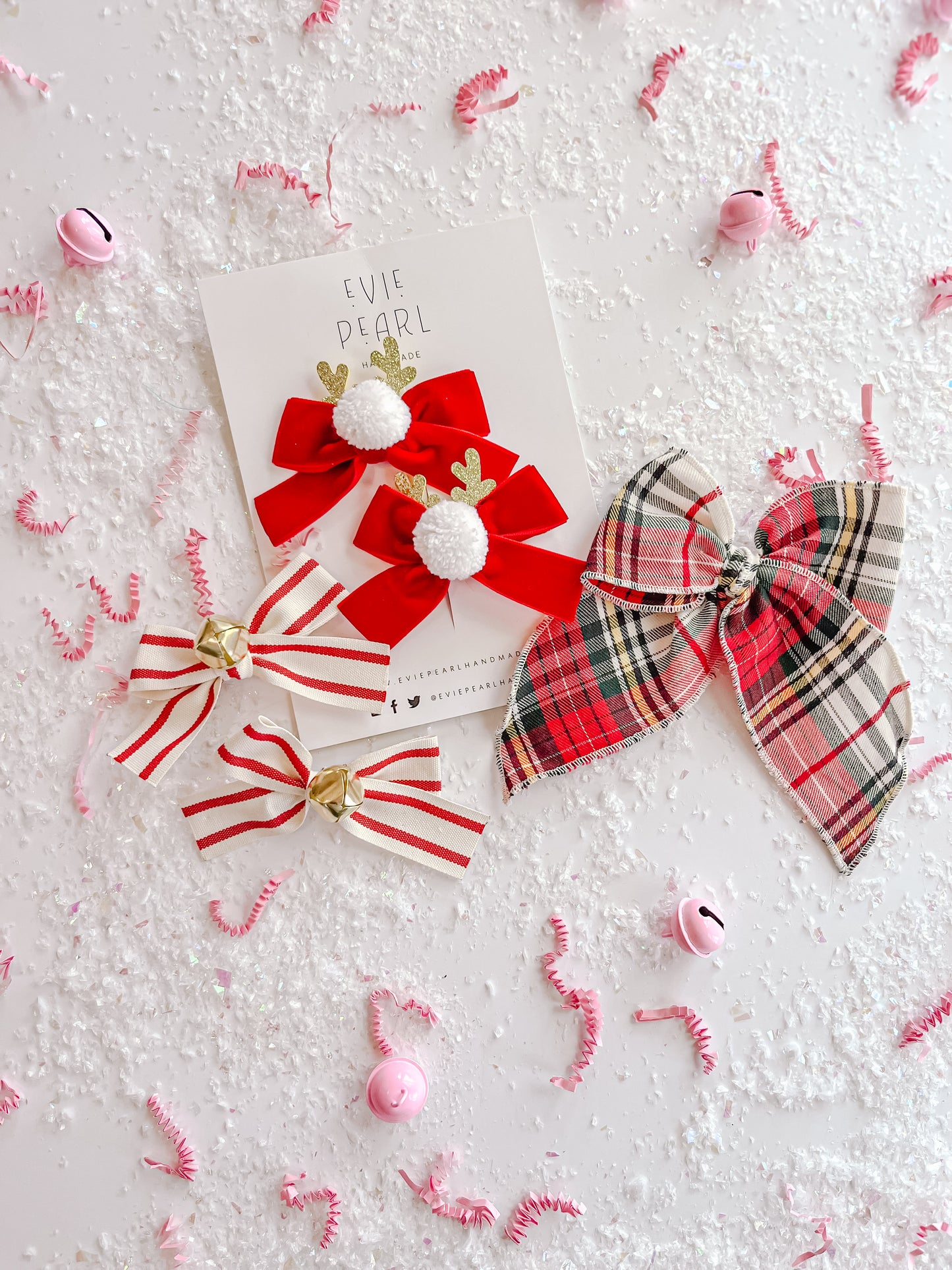 Jingle Bell Red Stripe Small Bow Pigtail Set
