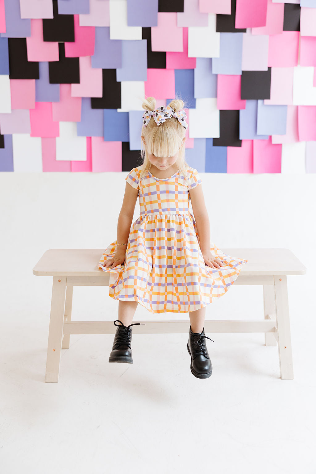 Black|Orange|Purple|Lilac Checkered Pinwheel Bow