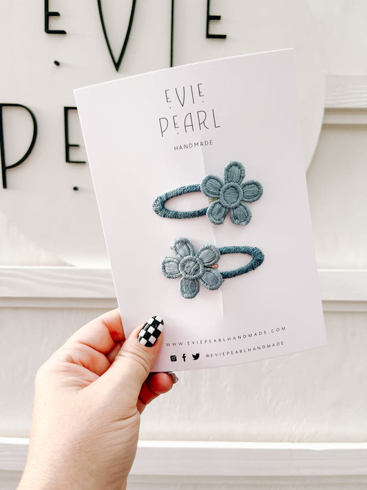 Blue Floral Snap Clip Pigtail Set