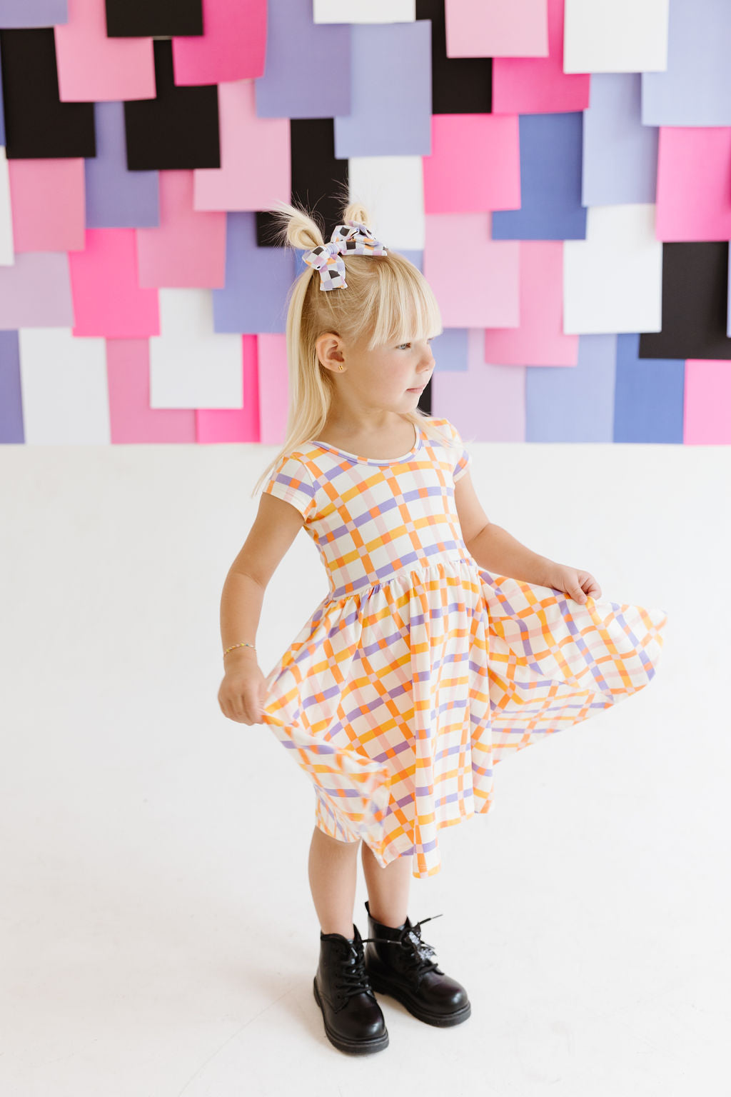 Black|Orange|Purple|Lilac Checkered Pinwheel Bow