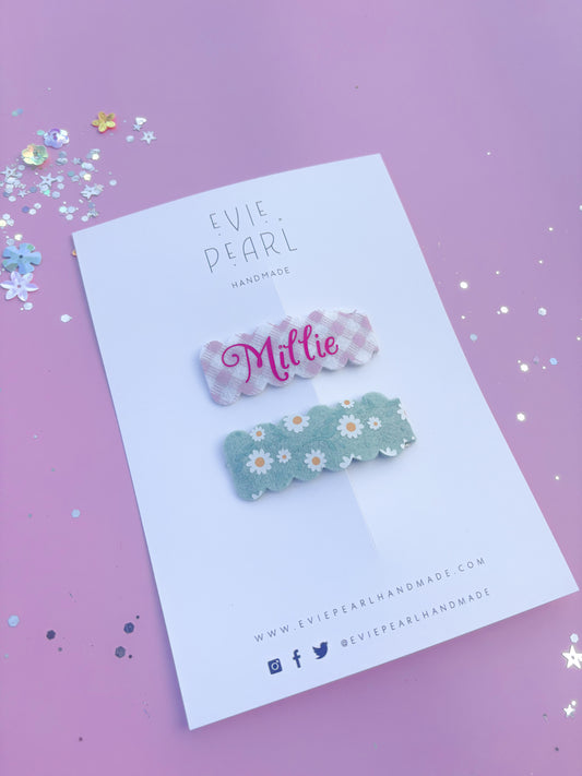 Personalized Pink Gingham & Sage Daisy Clip Set