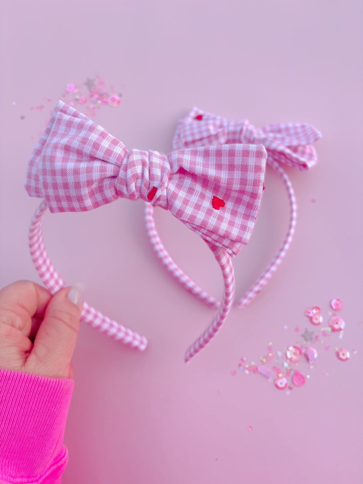 Pink Gingham Red Heart Bow Headband