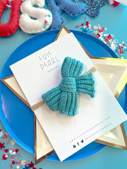 Blue Knit Medium Bow on Nylon Headband for babies