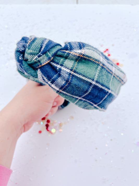 Navy Green Plaid Knotted Headband for Girls & Women
