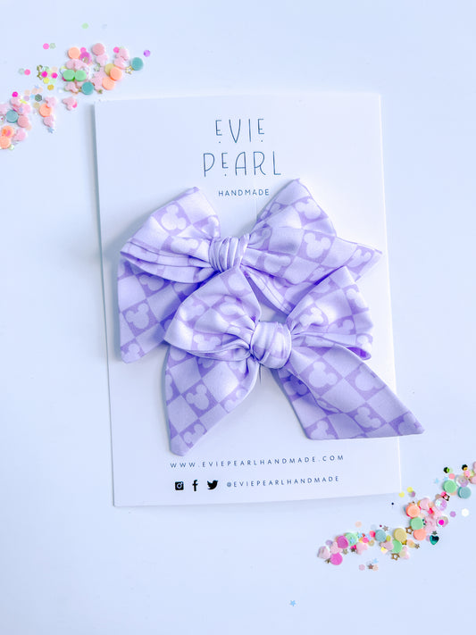 Purple Checkered Mouse Head Small Pigtail Bows