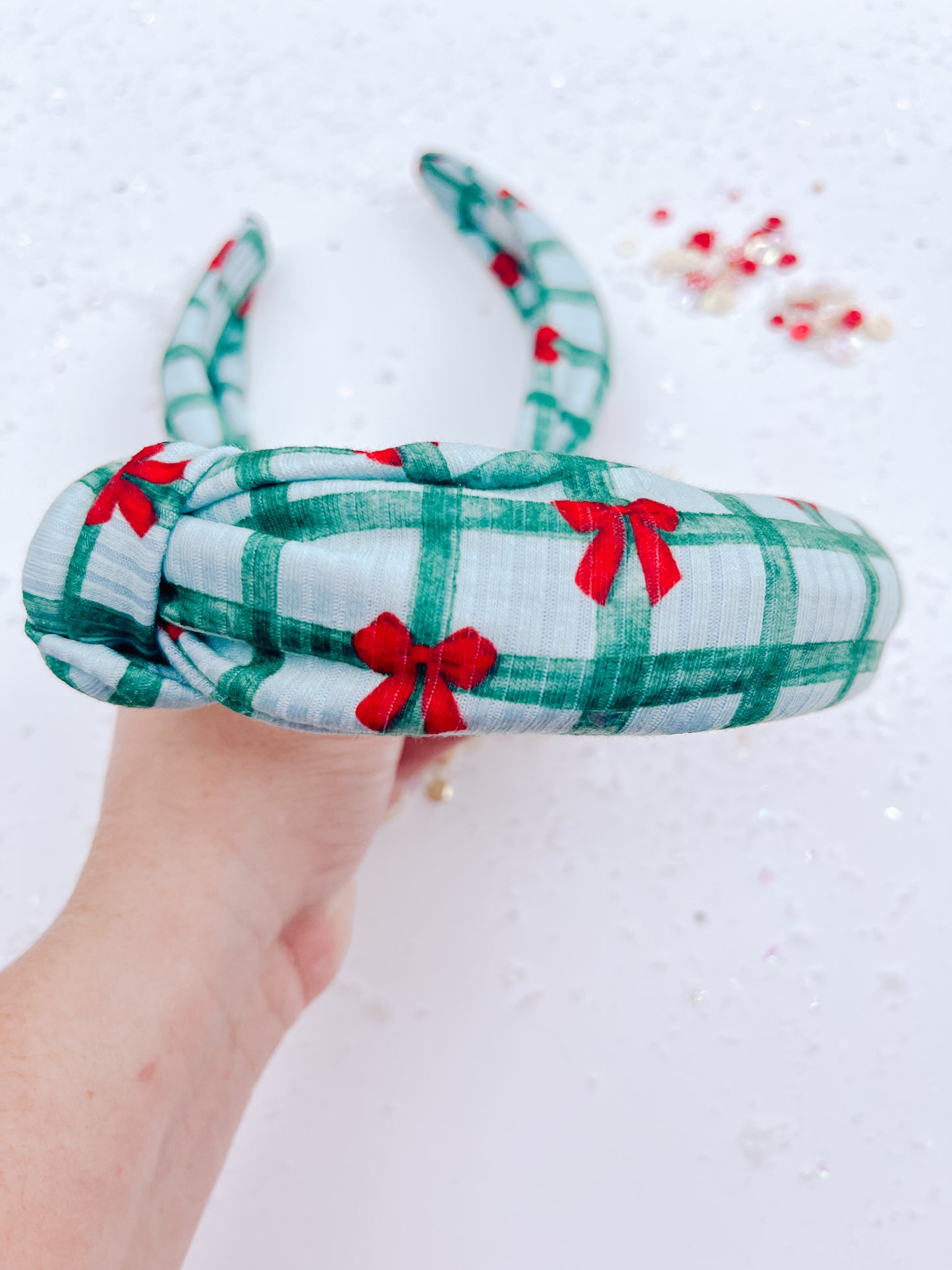Green Plaid with Red Bows Knotted Headband for Girls & Women