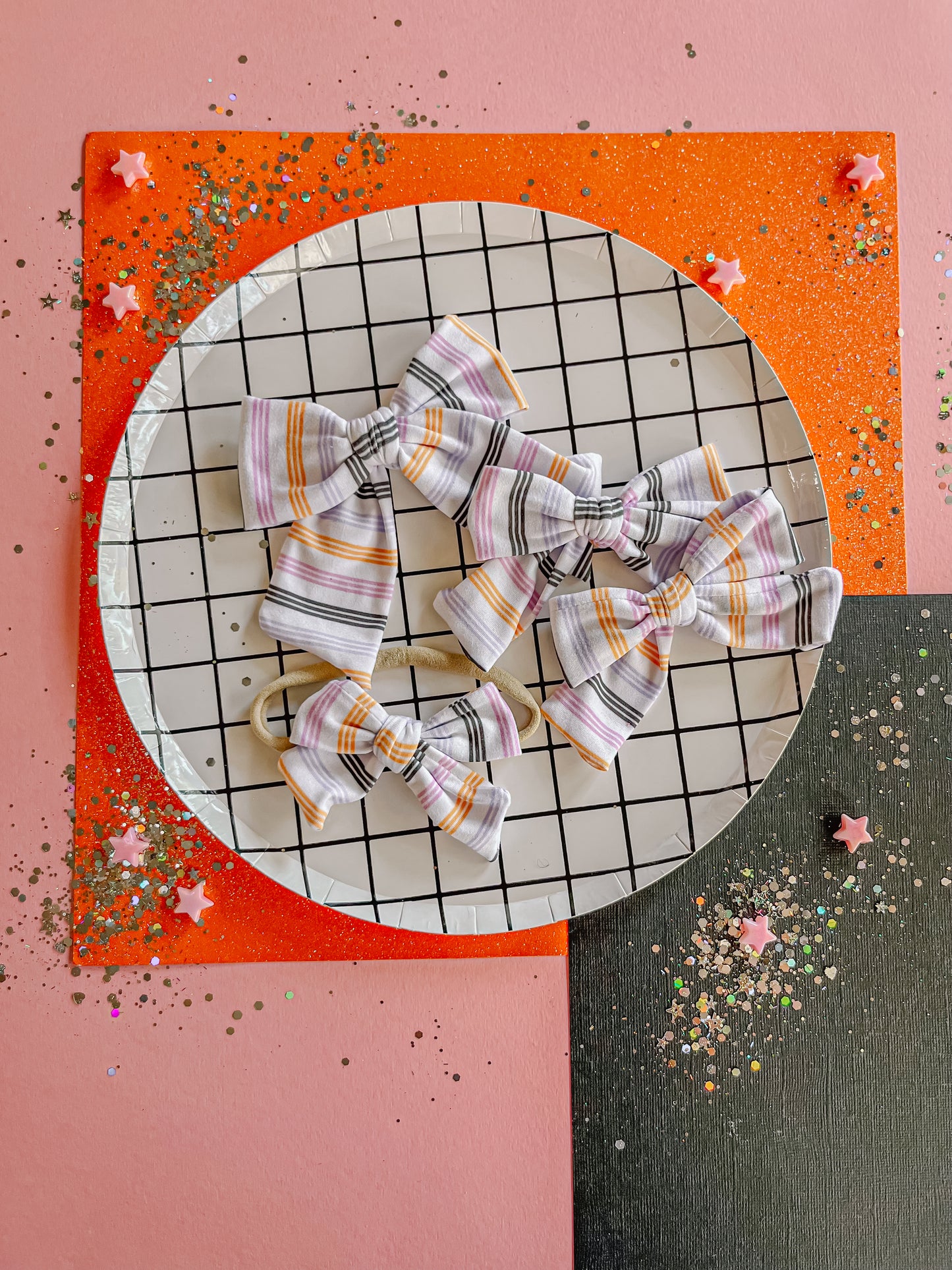 Black|Orange|Purple|Lilac Stripes Pinwheel Bow