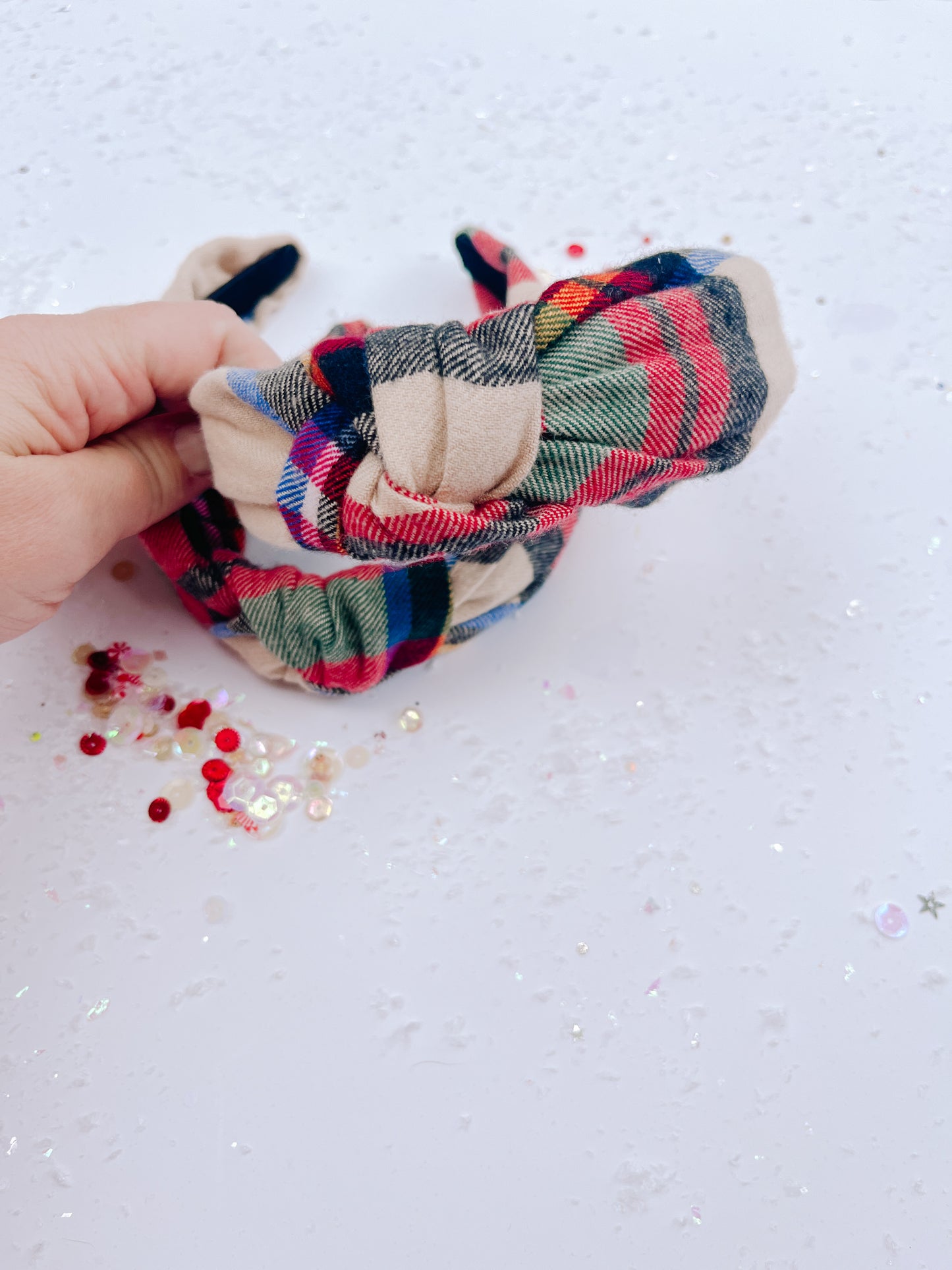 Tan Red Plaid Knotted Headband for Girls & Women