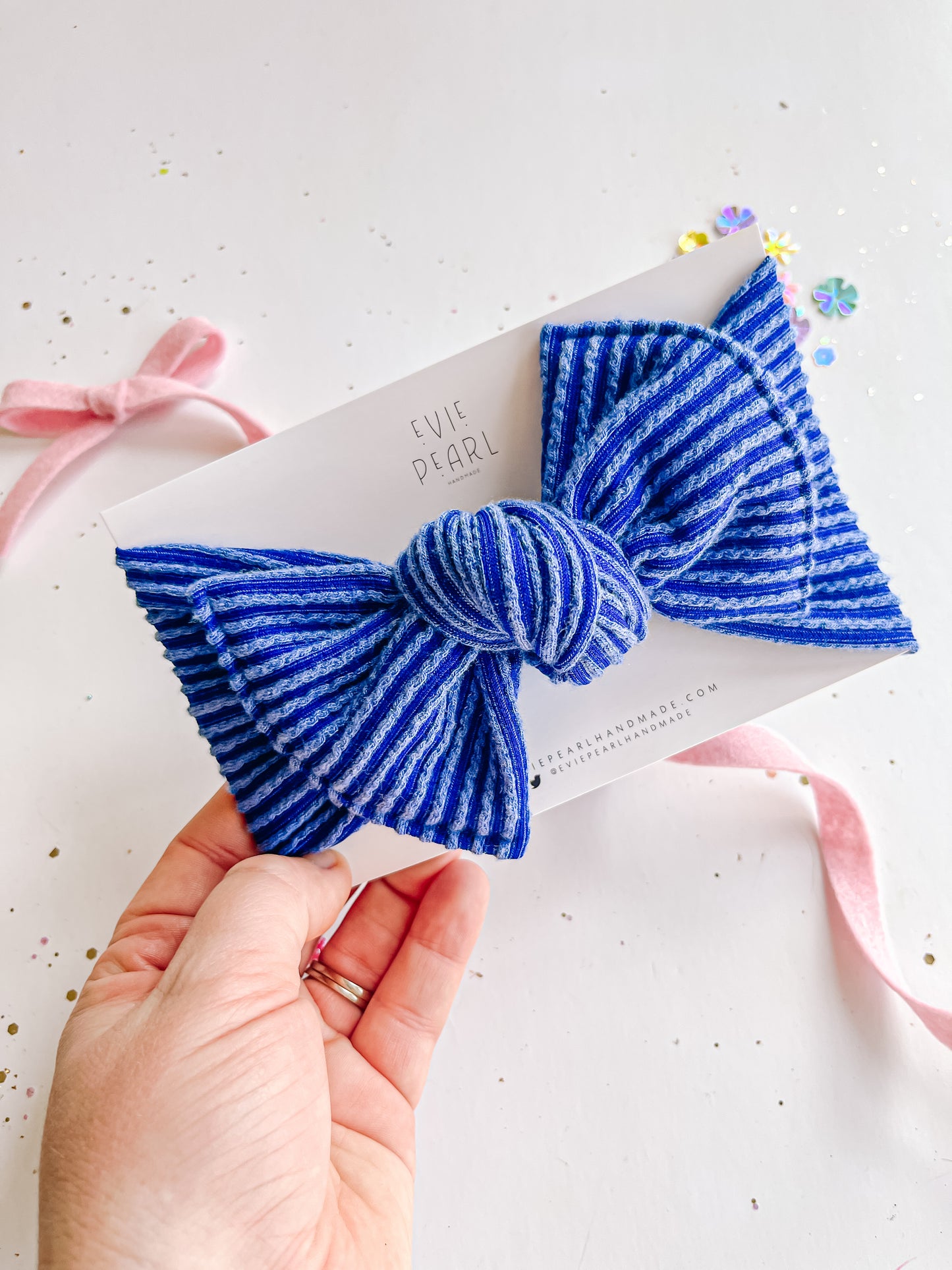 Blue Ribbed Baby Bow Turban