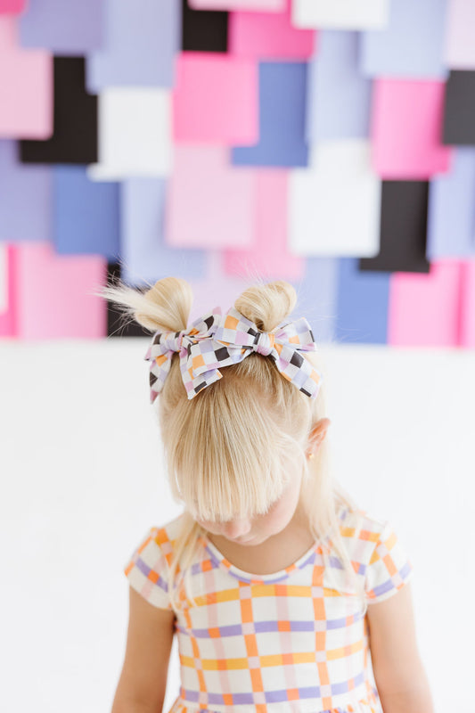 Black|Orange|Purple|Lilac Checkered Pinwheel Bow