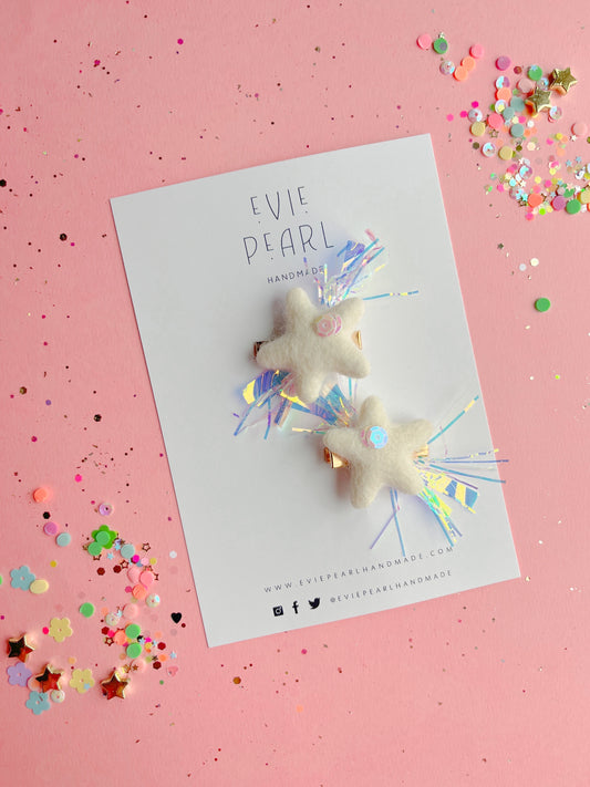 White sequin star tinsel pigtail clip set