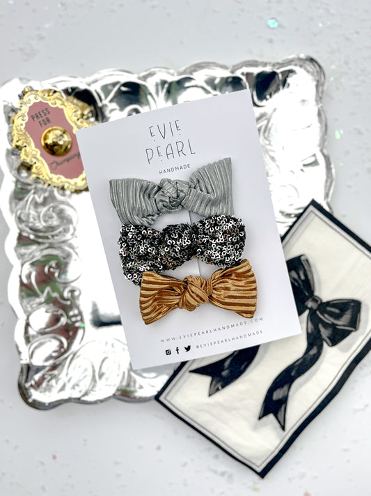 Silver, Black Sequins, Gold Trio Knot Bow Set