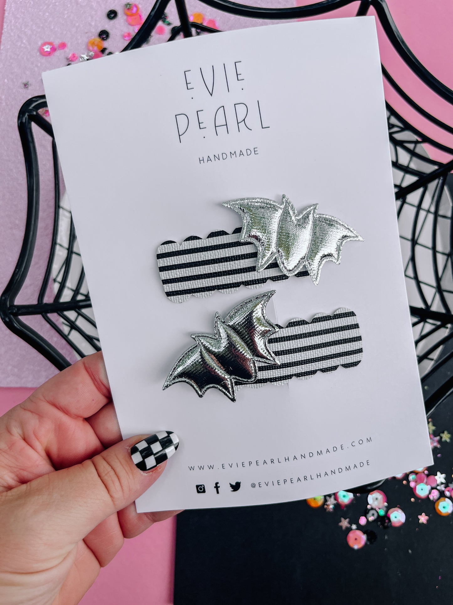 Bat Black White Silver Striped Snap Clip Pigtail Set