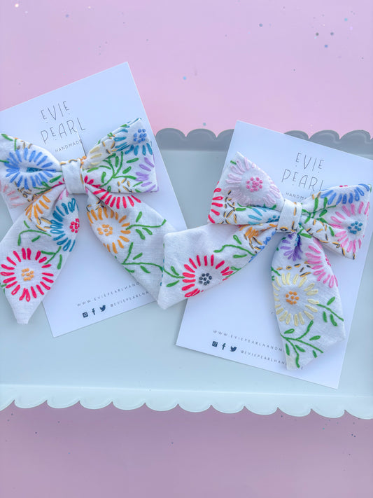 Hand Embroidered Floral Medium Sailor Hair Bow-READ DESCRIPTION