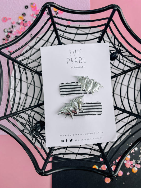 Bat Black White Silver Striped Snap Clip Pigtail Set