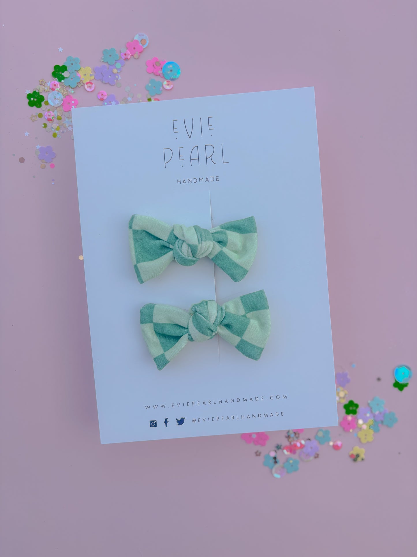 Mini Green Checkered Knot Bow Pigtail Set