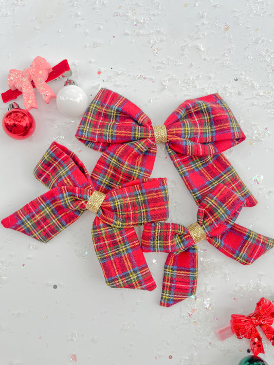 Red Christmas Plaid Gold Glitter Hair Bow