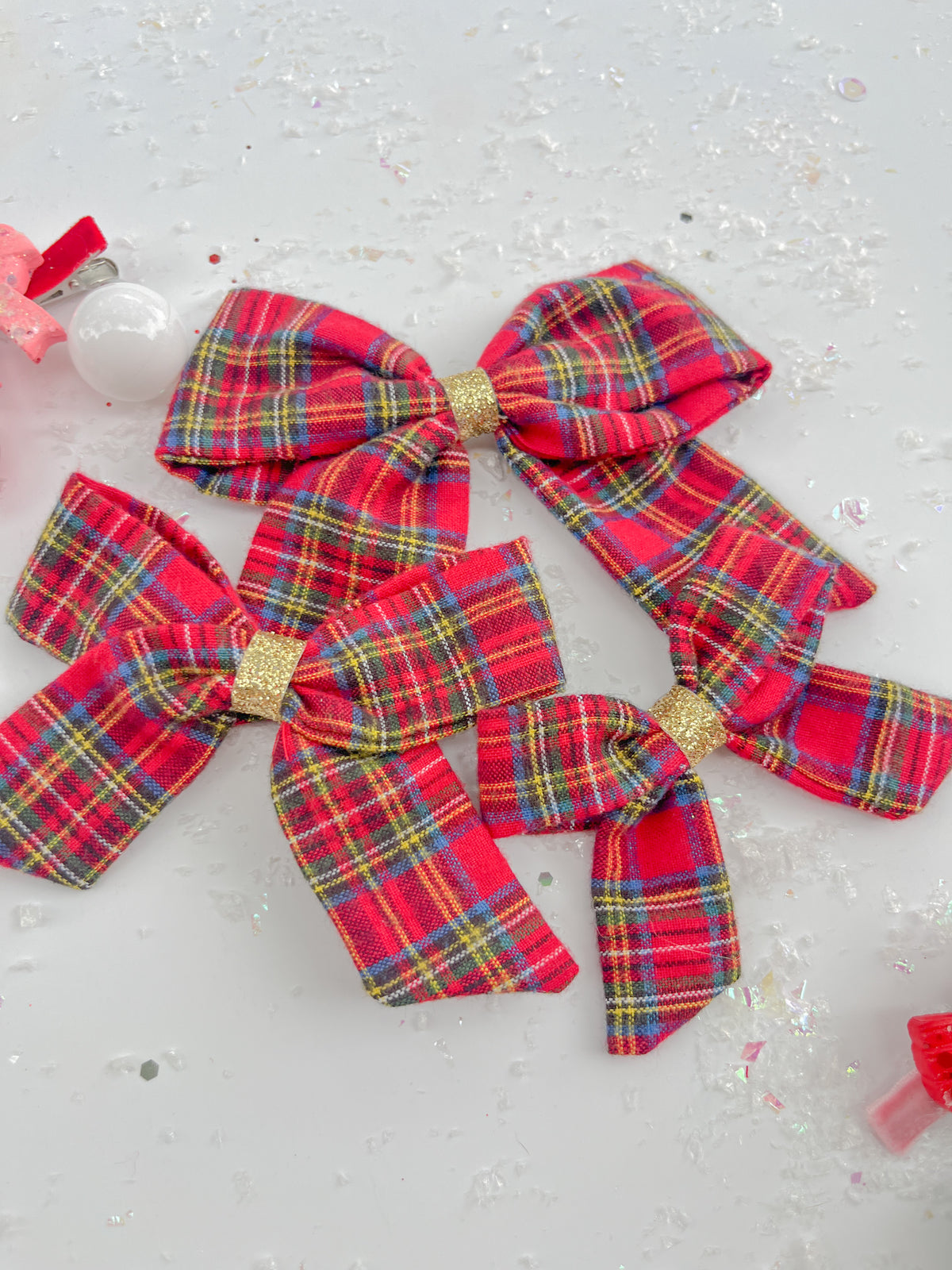 Red Christmas Plaid Gold Glitter Hair Bow