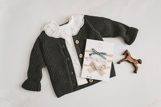 Newborn Baby Trio Headband Set- blue velvet, gray stripe and tan velvet