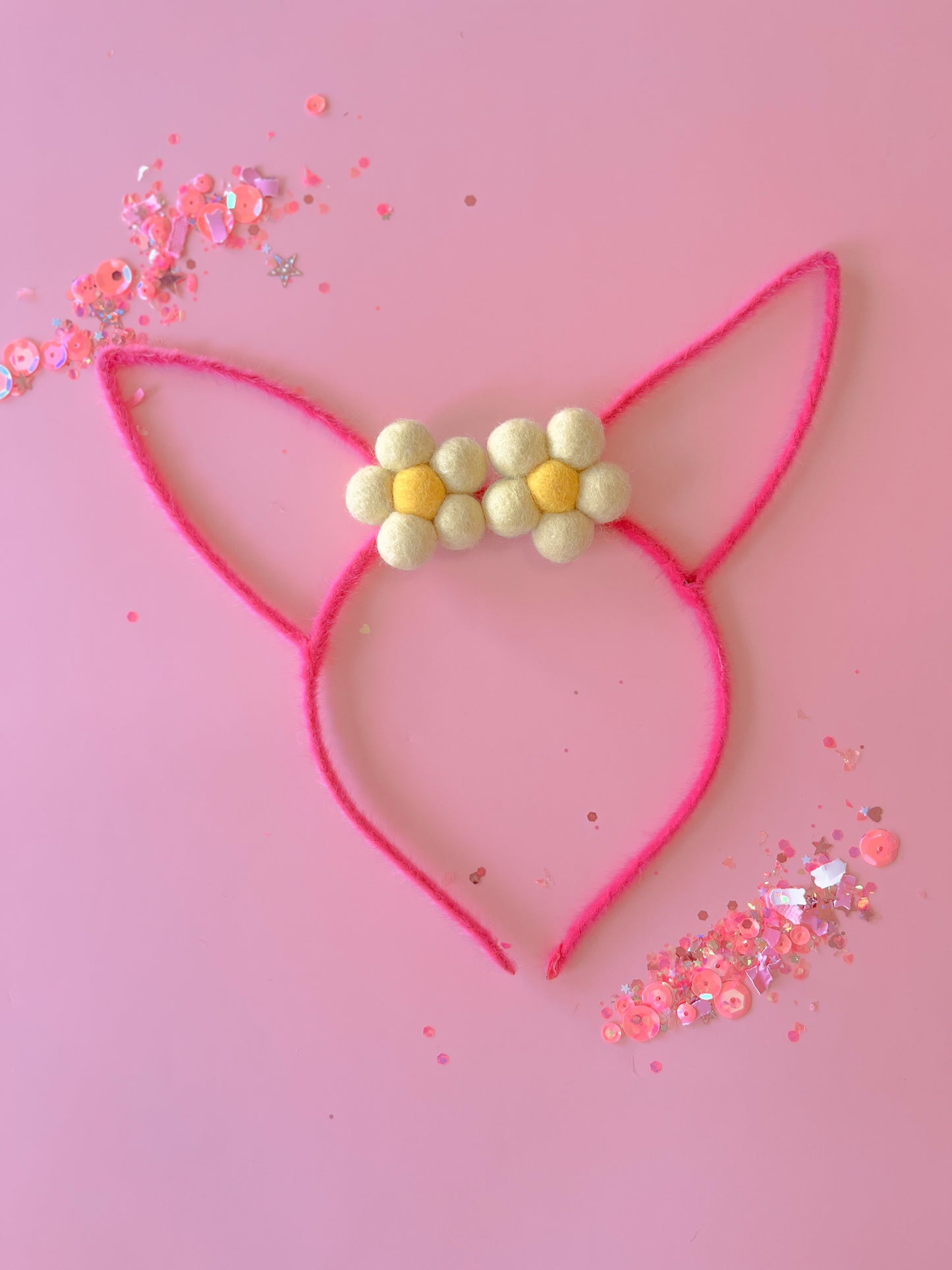 Hot Pink Bunny Headband with Sage Daisies