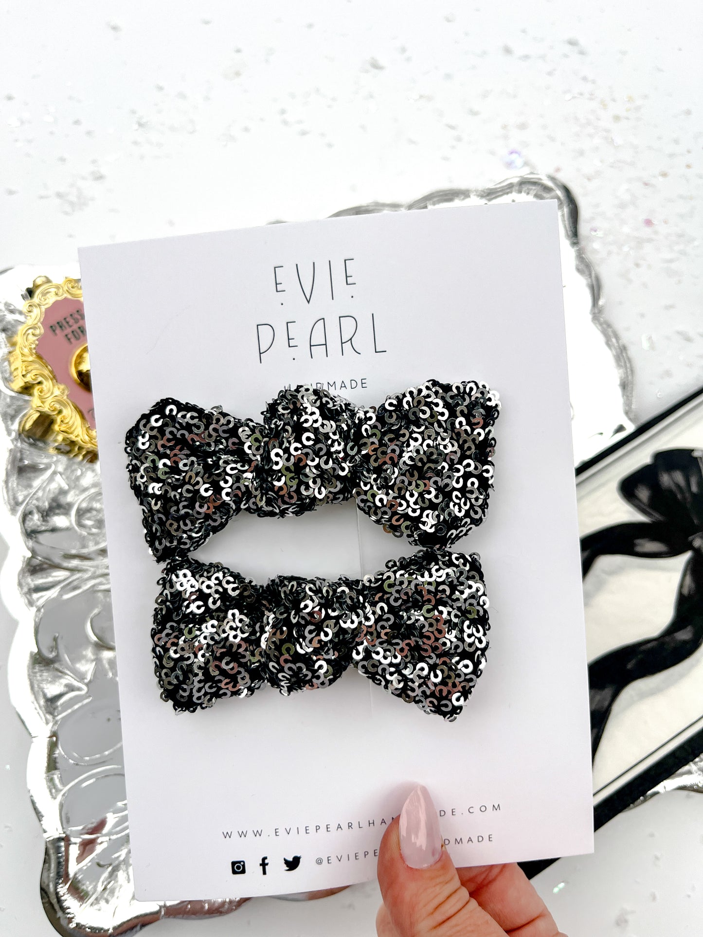 Black Silver Sequins Knot Bow Pigtail Set