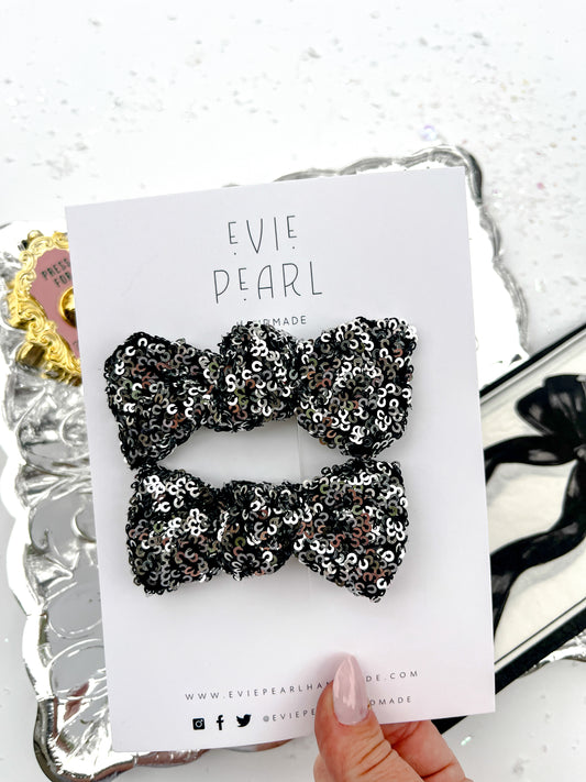 Black Silver Sequins Knot Bow Pigtail Set
