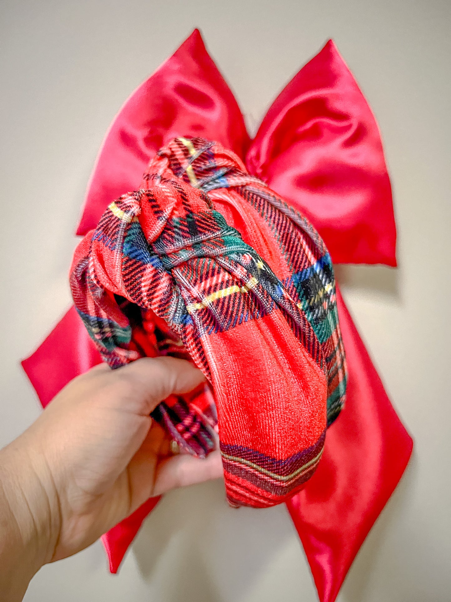 Christmas Velvet Plaid Knotted Headband for Girls & Women