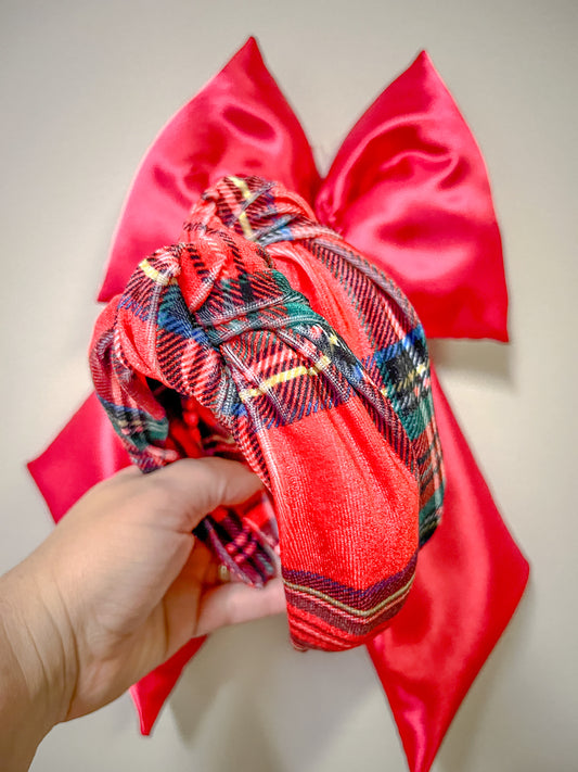 Christmas Velvet Plaid Knotted Headband for Girls & Women